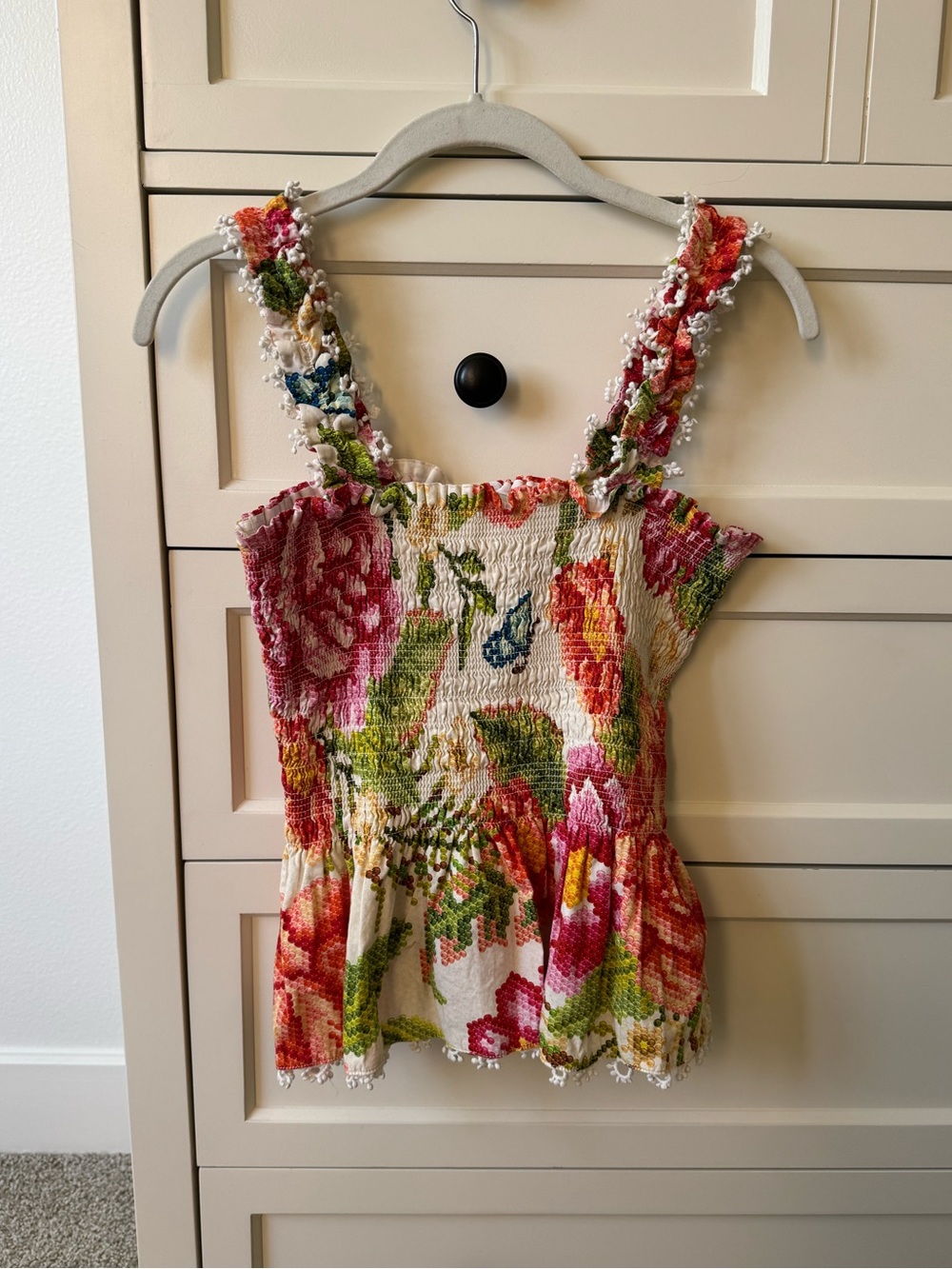 FARM Rio Cream Floral Smocked Colorful Tank with Ruffle Straps, L